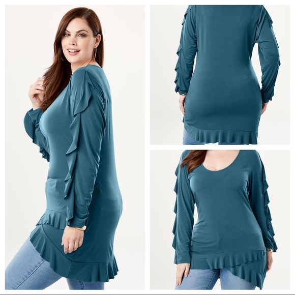 Roaman's Tops - Turquoise High-Low Ruffle Tunic by Roaman's